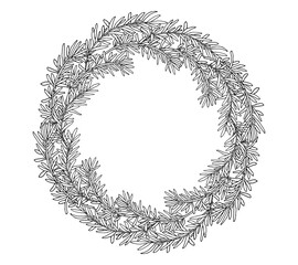 Rosemary wreath hand drawn, isolated. Beautiful circle frame, template with place for lettering in black with white color. Vector illustration.