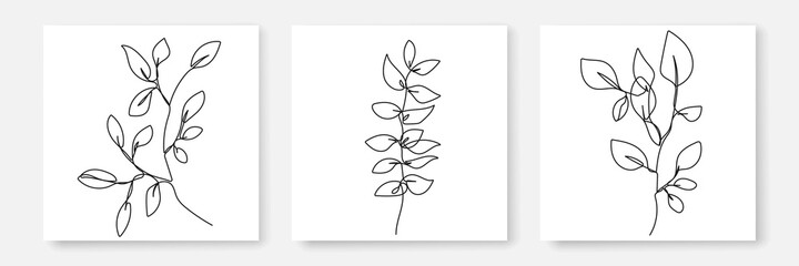 Continuous Line Drawing Set Of Plants Black Sketch of Flowers Isolated on White Background. Flowers One Line Illustration. Minimalist Prints Set. Vector EPS 10.