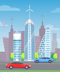 Cars on asphalted road in modern city. Green trees near highway, good weather. Car riding at street. Cityscape with many buildings on background. Vector illustration in flat style