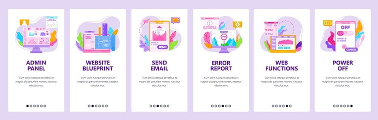 Admin panel, error report, web functions, send email. Mobile app screens, vector website banner template.
