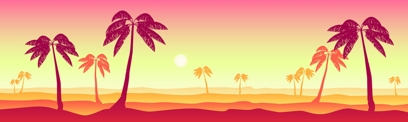 Panoramic desert sunset view with palm trees.