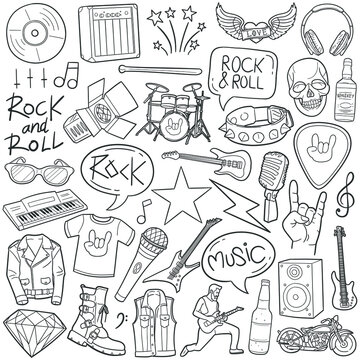 Rock and Roll doodle icon set. Music Tools Vector illustration collection. Super Star Hand drawn Line art style.