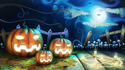 3d illustration of spooky pumpkins