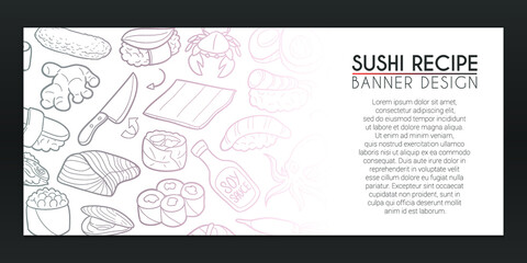 Sushi Banner Doodles. Japanese Food Background Hand drawn. Recipe Cook illustration. Japan restaurant Vector Horizontal Design.