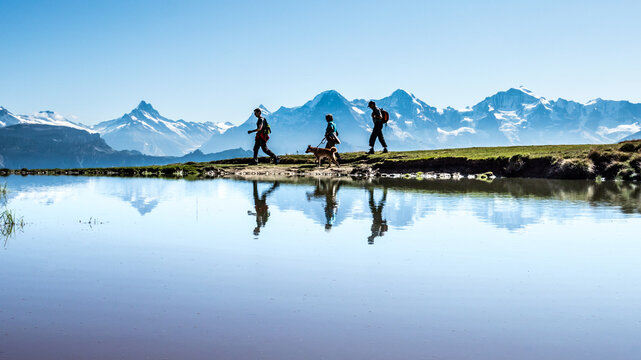 Wandergruppe mit Hund gespiegelt in einem kleinen Bergsee vor der Kulisse vom berner Oberland, Alpen, Schweiz