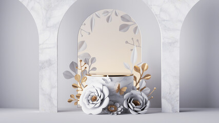 3d render, white background with floral arch and empty marble pedestal decorated with gold and white paper flowers. Showcase mockup with blank podium, commercial product presentation