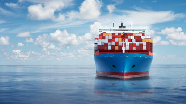 Front view from bow of a large blue shipping container ship in the ocean.
