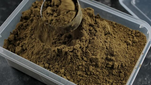 Scoop of Hemp Vegan protein powder. Sport nutrition.