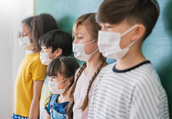 .Portrait of school child wearing face mask during corona virus flu outbreak. Boys girls go back to school after covid-19 quarantine lockdown. Group of kids in masks for coronavirus prevention.