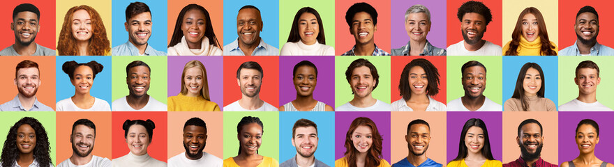 Headshots With Portraits Of Cheerful Multicultural People, Different Colored Backgrounds