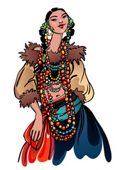 Fashion illustration o Mongolian girl, wearing ethnic Central Asian costume with fur, coral and turquoise necklace.  Hand drawn vector illustration for custom design and print.