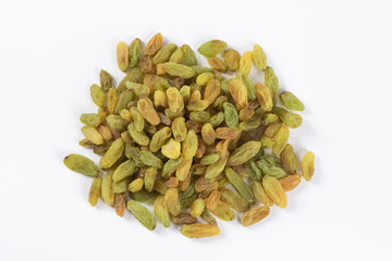 Dried fruits, green raisins on white background