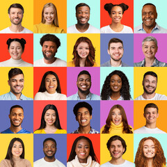 Multiethnic People Faces Collage With Males And Females, Colorful Backgrounds