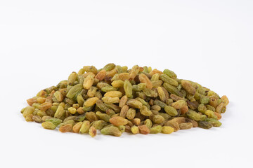 Dried fruits, green raisins on white background