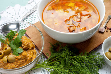 Lenten dish, restaurant serving, composition of a dish on a plate and raw vegetarian cuisine. Top view