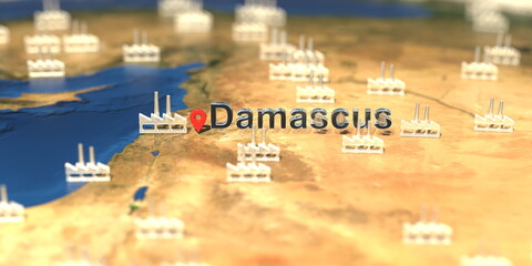 Factory icons near Damascus city on the map, industrial production related 3D rendering