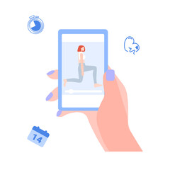Girl watches online sports lessons on phone, vector graphics