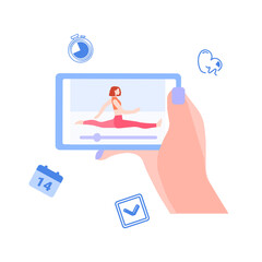 Girl watches lessons online on meditation, vector graphics