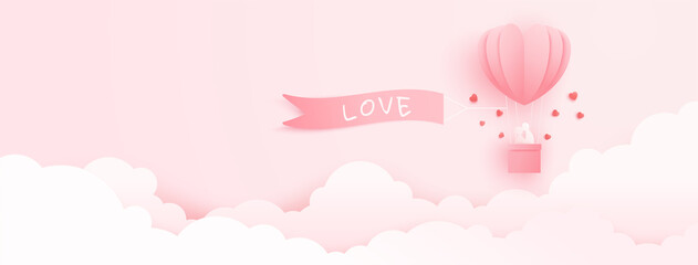 3D origami heart hot air flying with cloud sky background. Love concept design for happy mother's day, valentine's day, birthday day. vector paper art illustration.