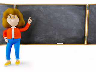 Girl Susie stands near the school board with empty space. 3d rendering. 3d illustration. 3d character