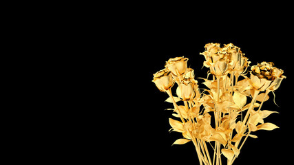 Golden Roses on black background 3d render