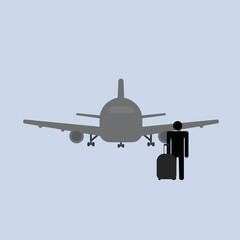 Fototapeta na wymiar man with bag near airplane, flat style emblem, symbol vector illustration 