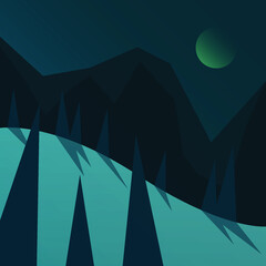 Beautiful winter night in the mountains illustration. Abstract flat nature landscape with mountains silhouettes, moon, trees and shadows. Minimalist style vector illustration.