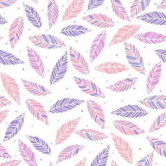 Fototapeta na wymiar Vector illustration of pink and lilac leaves seamless pattern. Hand drawn leaf and hearts texture. Element design.