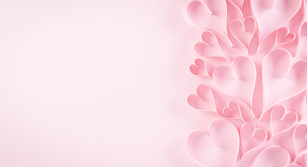 Love and Valentine's day concept. Pink paper hearts on pastel paper background. Flat lay top view with copy space.