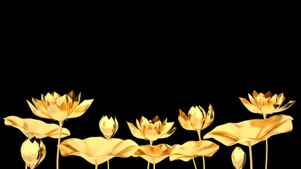 golden lotus and golden lotus leaves on black background 3d render