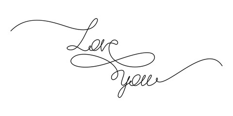 Love You handwritten lettering. Continuous line drawing text design. Vector illustration
