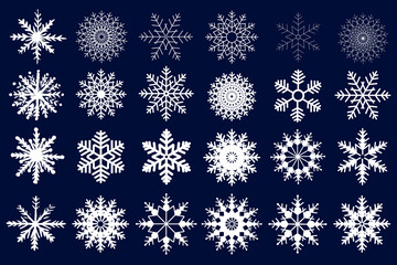 Winter set of white snowflakes isolated on dark background. Snowflake icons. Snowflakes collection for design Christmas and New Year banner and cards.