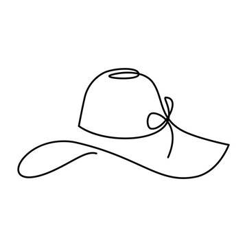 Women sun hat in continuous line art drawing style. Female summer hat with decorative bow knot. Minimalist black linear design isolated on white background. Vector illustration