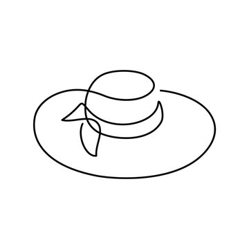 Women sun hat in continuous line art drawing style. Female summer panama with ribbon decoration. Minimalist black linear design isolated on white background. Vector illustration
