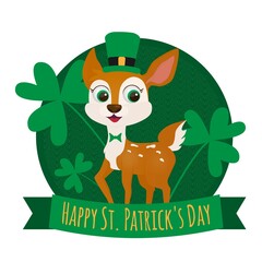 St. Patrick's Day vector illustration. Deer wearing Leprechaun Hat. Cartoon Deer with clover on green background. Postcard, poster, print design.
