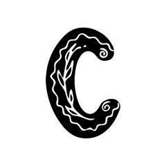 Monochrome letter C isolated on white background with floral pattern, vector hand drawn illustration for logo, postcard design, posters, banners, etc