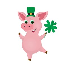St. Patrick's Day vector illustration. Pig wearing Leprechaun Hat. Cartoon Pig with clover. Good luck pig. Postcard, poster, banner, print design.