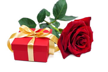 Red rose and red gift box on white background