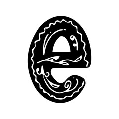 Monochrome letter E isolated on white background with floral pattern, vector hand drawn illustration for logo, postcard design, posters, banners, etc