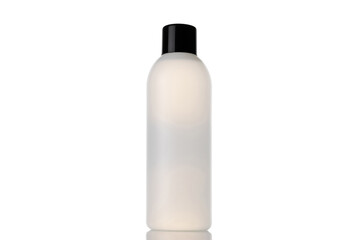 Pump bottle, empty sanitizer container for mineral cosmetic, soap shampoo isolated on white. Clear...