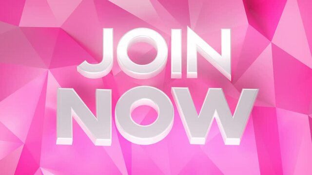 Join Now Loop 1 White x Pink animated join now text with rotating white letters over a moving green polygon surface. Recruitment concept animation. Job offer post. Seamless loop