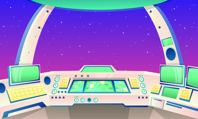 Сartoon background rocket inside. Spaceship cockpit interior with space. Background for cartoon and games. Rocket cockpit with control panel. Vector illustration
