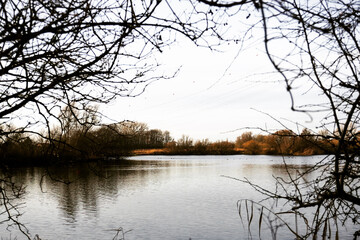 a lake on a day jn winter with trees around the lake, calm water