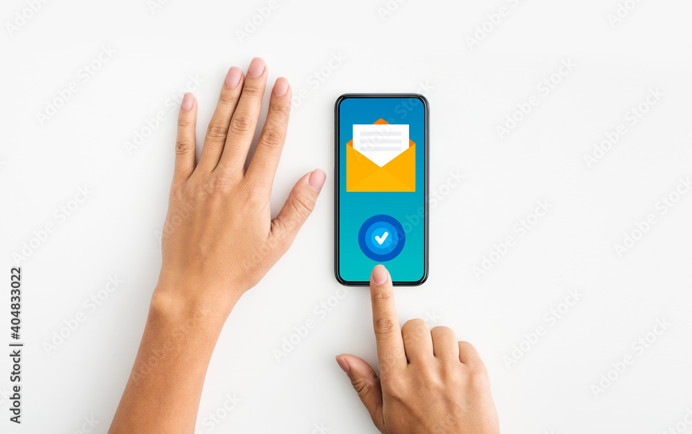 Poster Newslettering Concept. Female Using Smartphone With Envelope Sign And Check Mark Button