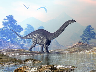 Apatosaurus dinosaur walking in a beautiful landscape with mountains and water by sunset - 3D render