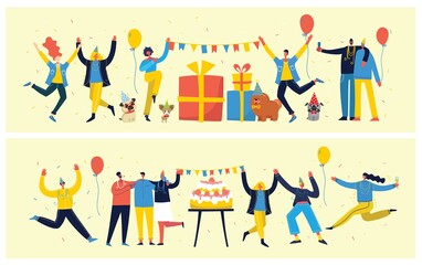 Party background. Happy group of people jumping on a bright background. The concept of friendship, healthy lifestyle, success. Vector illustration