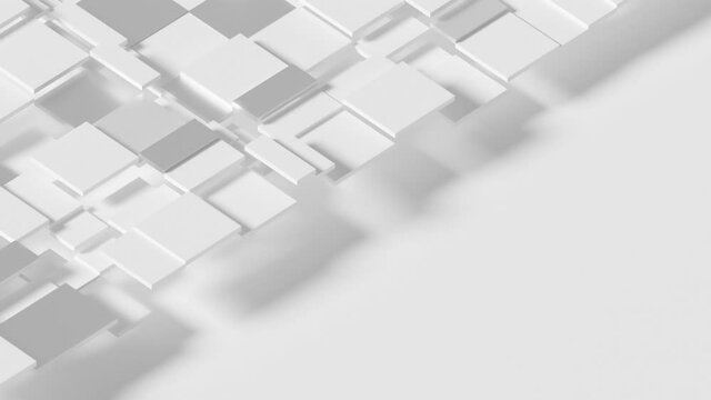 Elegant Dynamic Squares Loop 2 Silver x White: abstract grid of square and rectangle shapes moving gently up and down, on half screen. Empty copy space on the right. Silver and white thin cubes. 