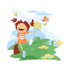Obraz na płótnie Canvas Cheerful child walks with a briefcase. A child walks in a meadow with flowers. Cheerful child with flowers. - Vector.