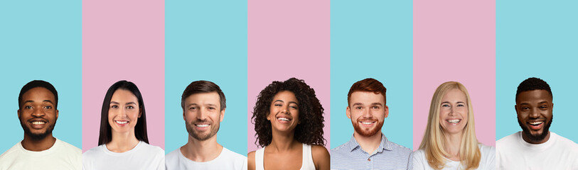 Multiethnic Females And Males Portraits, Pink And Blue Backgrounds, Collage