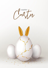Naklejka na ściany i meble Happy Easter holiday poster template. White eggs with gold liquid and golden ears of rabbit. Vector illustration with 3d decorative objects. Greeting card with gold confetti.